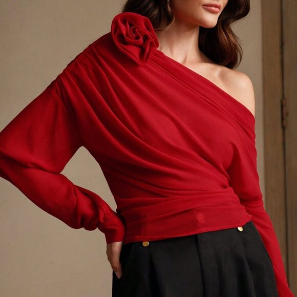Burgundy Elegant one Shoulder Chiffon Blouse With 3d Floral Detailed - Picture 4 of 7